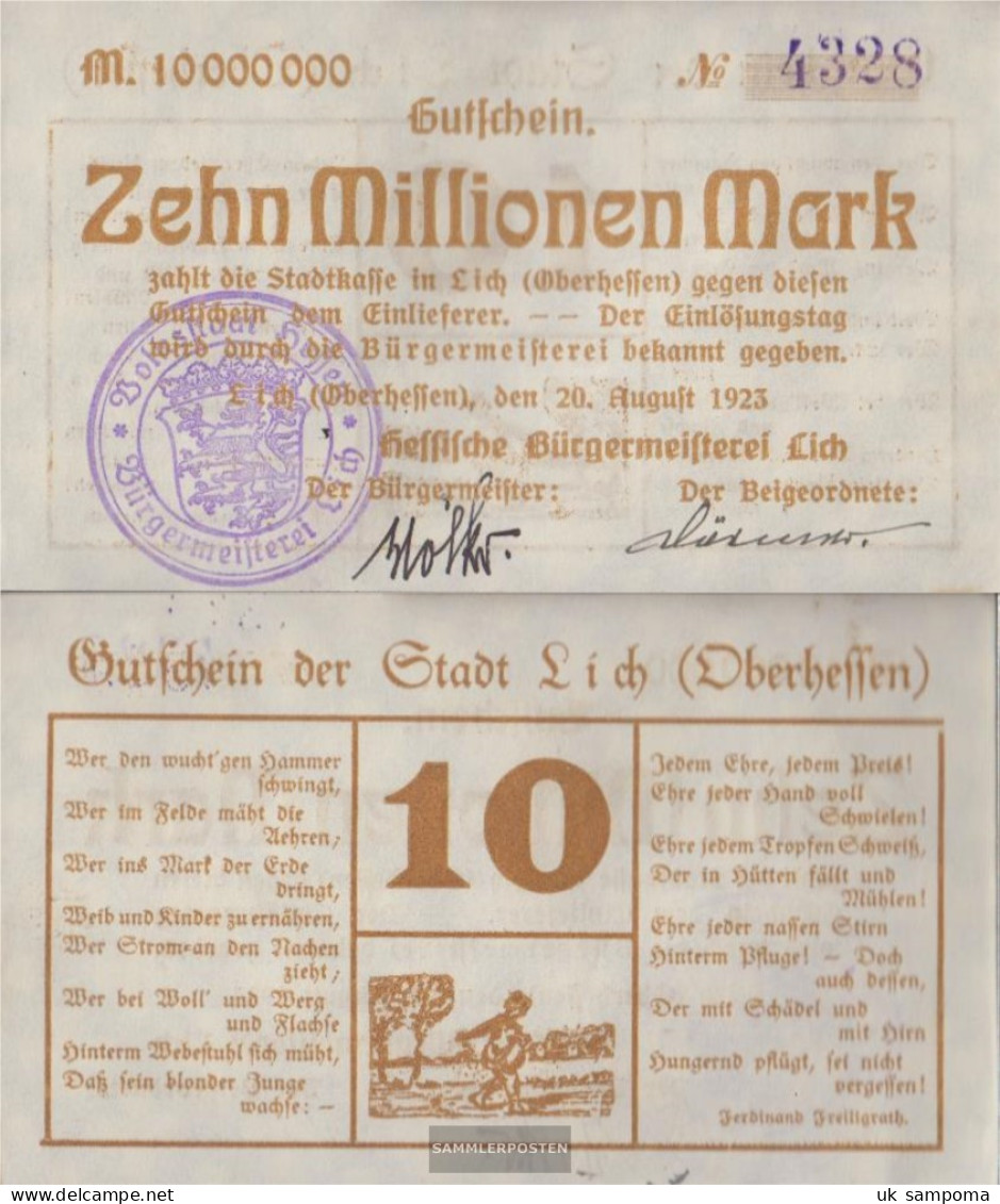 Lich Inflationsgeld City Lich Uncirculated 1923 10 Million Mark - 10 Millionen Mark