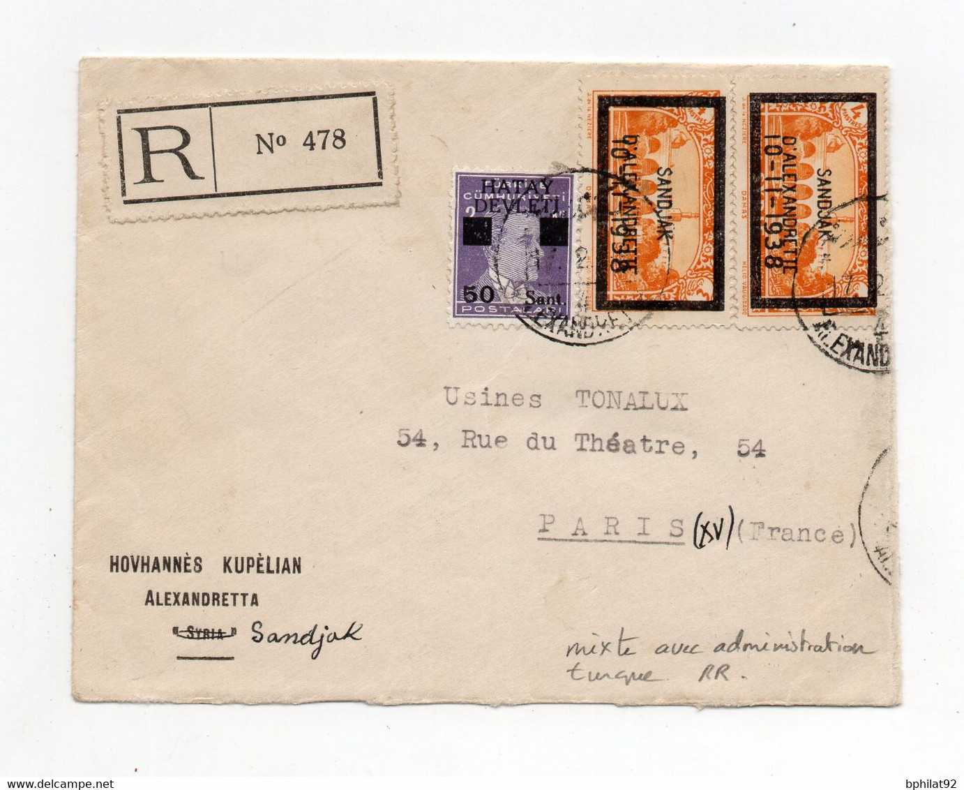 !!! LETTRE RECO D'ALEXANDRETTE DE 1939 POUR PARIS, AFFRANCH MIXTE AVEC TP ADMINISTRATION TURQUE. RR - Storia Postale