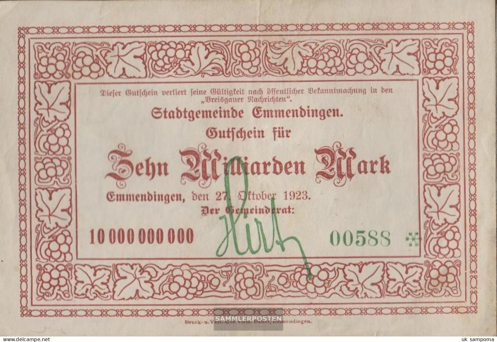 Emmendingen Inflationsgeld City Emmendingen Used (III) 1923 10 Billion Mark - 10 Miljard Mark
