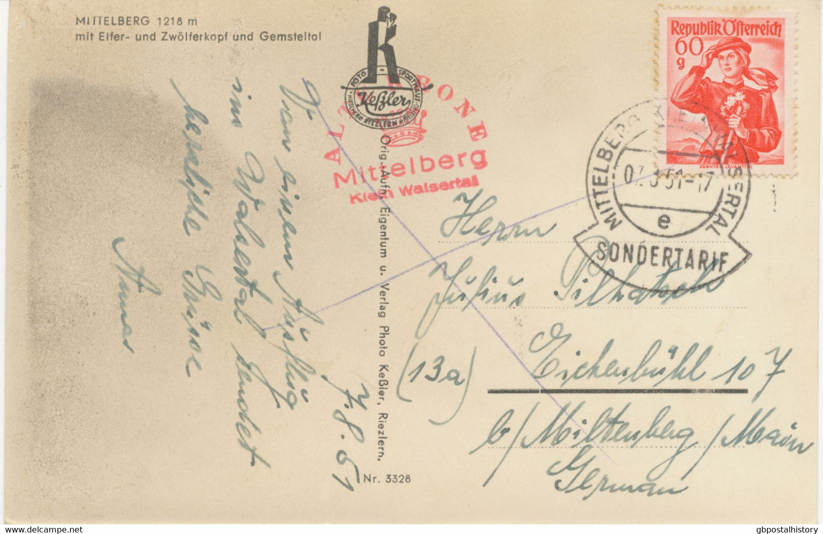 ÖSTERREICH 1951 „MITTELBERG / KLEINWAISERTAL / SONDERTARIF“ Auf AK Mit 60 G Trachten Und 1958 „RIEZLERN / KLEINWAISERTAL - Cartas & Documentos