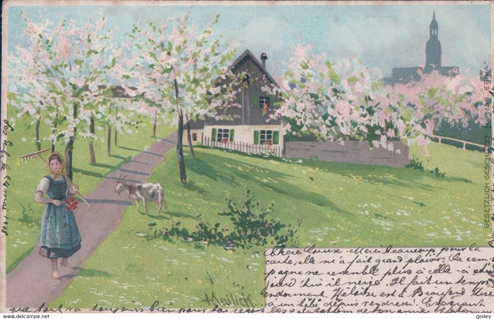 Mailick Alfred, Paysanne, Chèvre Dans Paysage En Fleurs, Litho (25.5.08) - Mailick, Alfred