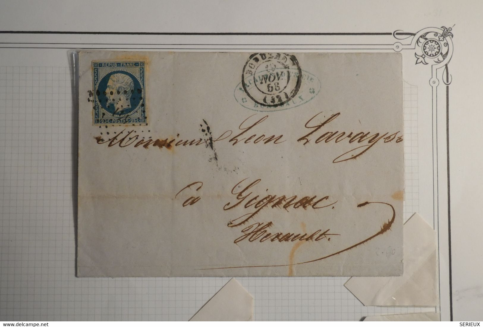 L5 FRANCE BELLE LETTRE 1853 BORDEAUX  POUR GIGNAC HERAULT +NAP. N° 10 ++AFFRANCH. INTERESSANT - 1852 Louis-Napoléon