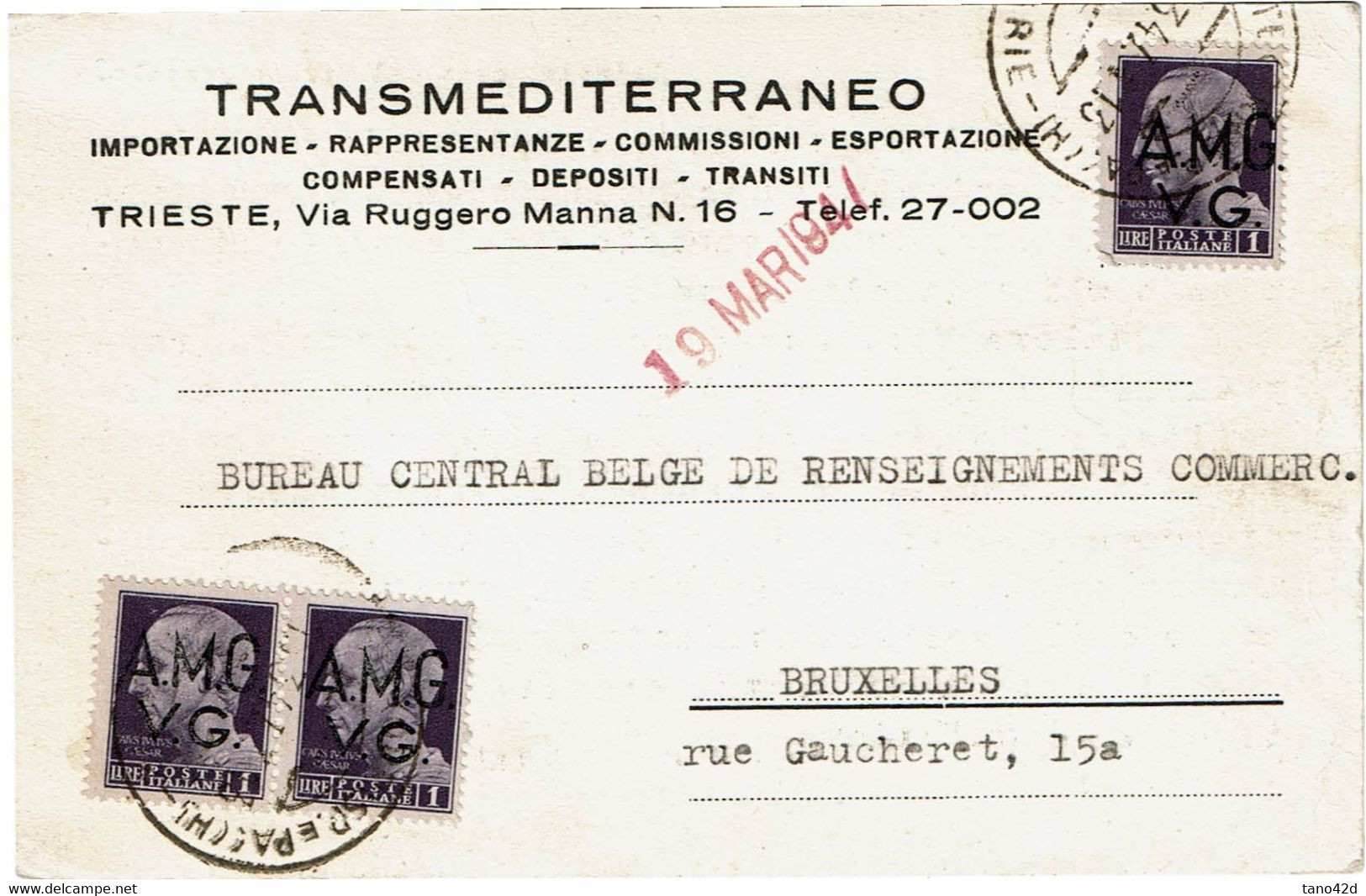 CTN77/3 - ITALIE AMG-VG CARTE POSTALE COMMERCIALE TRIESTE / BRUXELLES MARS 1947 - Poststempel