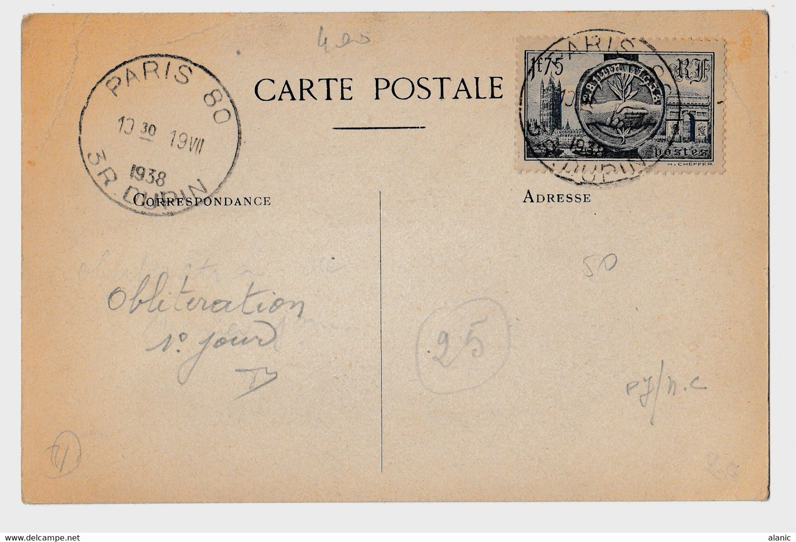 CARTE MAXIMUM N° 400  ' VISITE SOUVERAINS BRITANNIQUES 'PARIS 19 VII 1938 -BE - 1930-1939