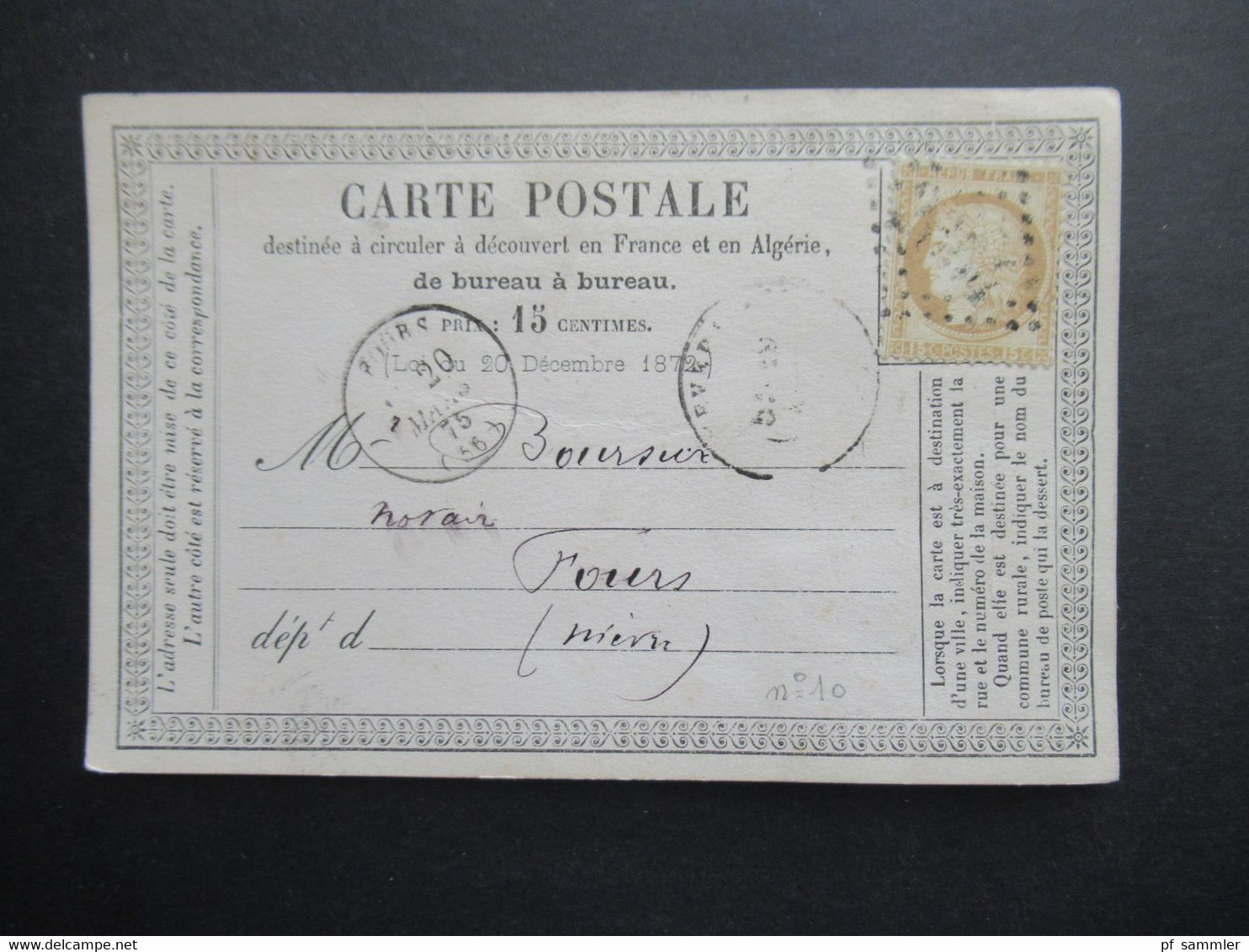 Frankreich 1875 Ceres Nr.50 EF Carte Postale Rautenstempel Und Rückseitig Stempelmarke / Fiskalmarke / Revenue - 1871-1875 Cérès