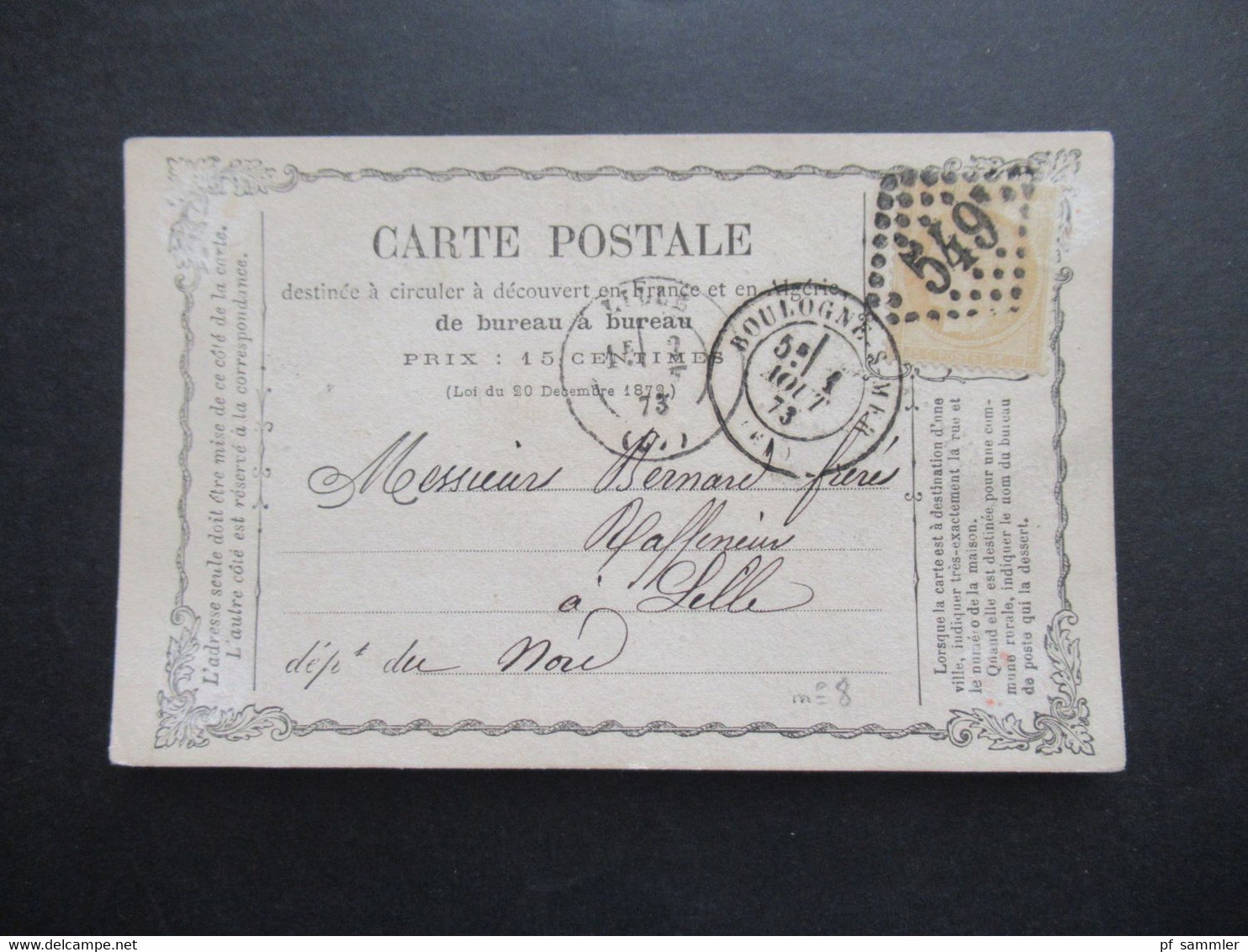 Frankreich 5.8.1873 Ceres Nr.50 EF Carte Postale Rautenstempel Nummer 549 Boulogne S.Mer Nach Lille - 1871-1875 Ceres