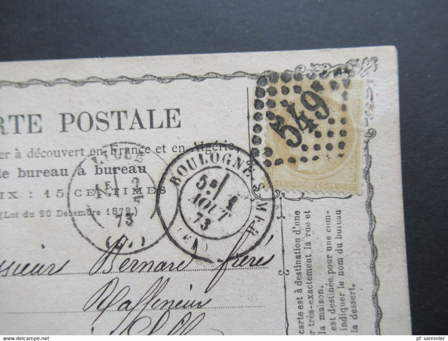 Frankreich 5.8.1873 Ceres Nr.50 EF Carte Postale Rautenstempel Nummer 549 Boulogne S.Mer Nach Lille - 1871-1875 Ceres