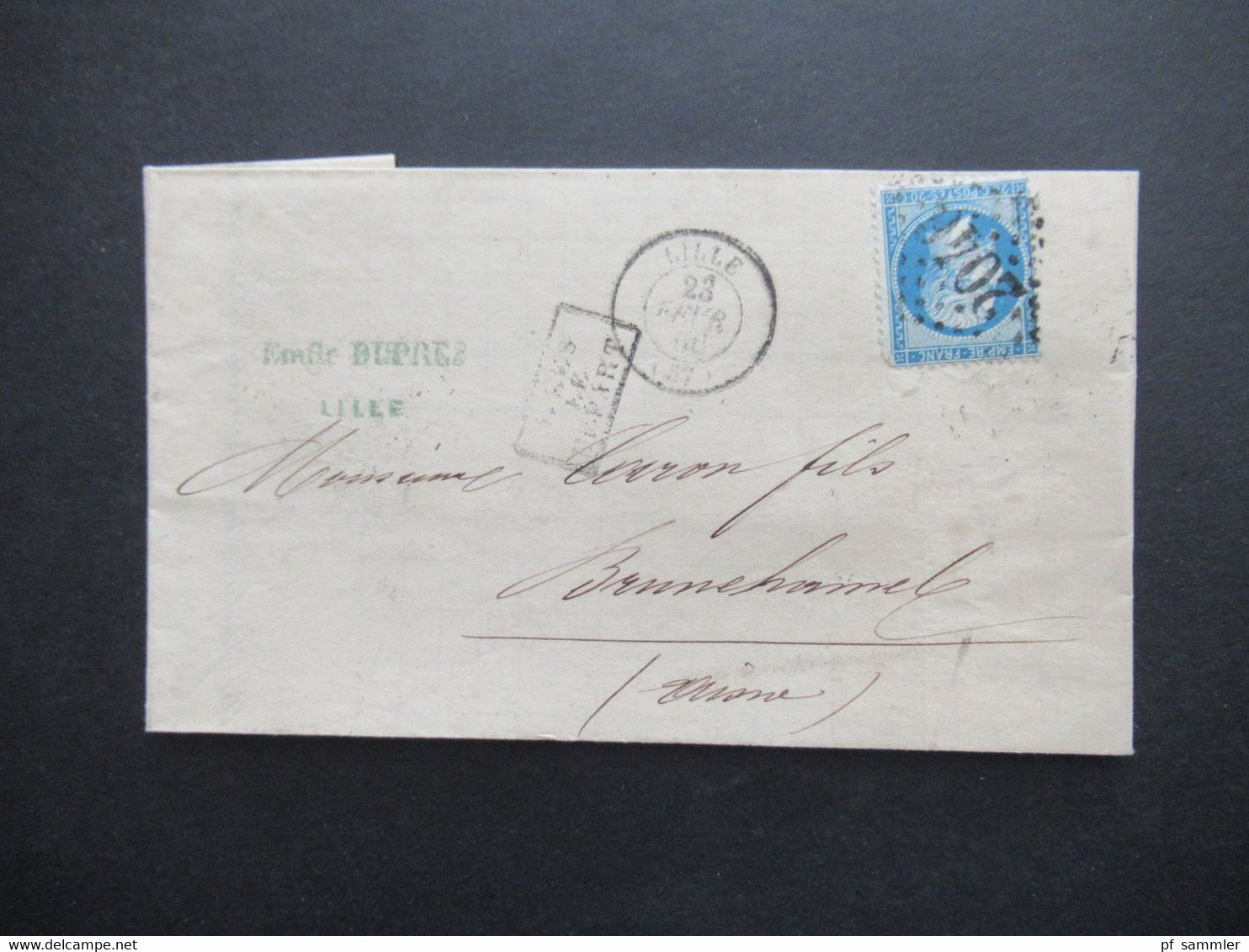 Frankreich 1866 Napoleon III. Nr.21 Rautenstempel Nr.2046 Lille Stempel Ra3 Apres Des Depart Emile Duprez Lille - 1862 Napoléon III.