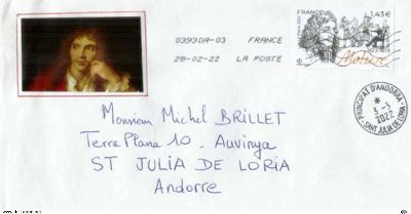 MOLIÈRE . 2022., Sur Lettre Adressée Andorra, Avec Timbre à Date Arrivée - Lettres & Documents