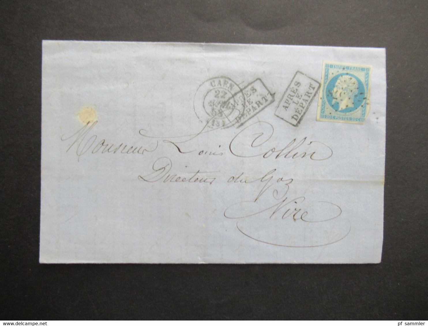 Frankreich 1858 Napoleon III. Nr.13 Rautenstempel Caen Und 2x Stempel Ra3 Apres Des Depart Nach Nizza Gedruckter Brief - 1853-1860 Napoleon III