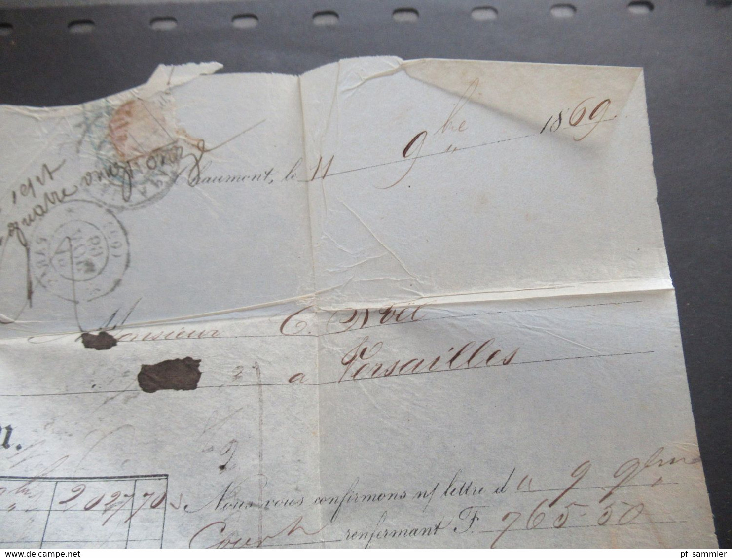 Frankreich 1869 Napoleon Nr.28 Rautenstempel Nr.978 nach Versailles gedruckter Faltbrief Roy & Donnot Chaumont Banque