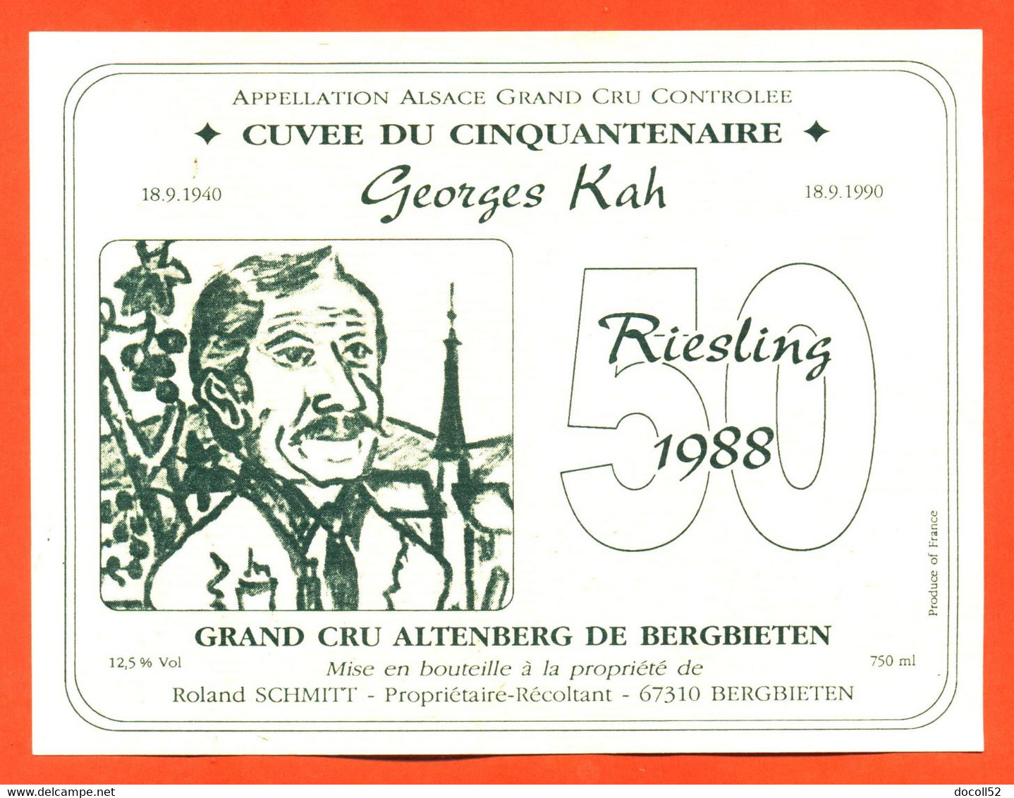 Grande Etiquette Neuve De Vin D'alsace Cuvée Du Cinquantenaire Georges Kah Riesling 1988 Roland Schmitt à Bergbieten - Riesling