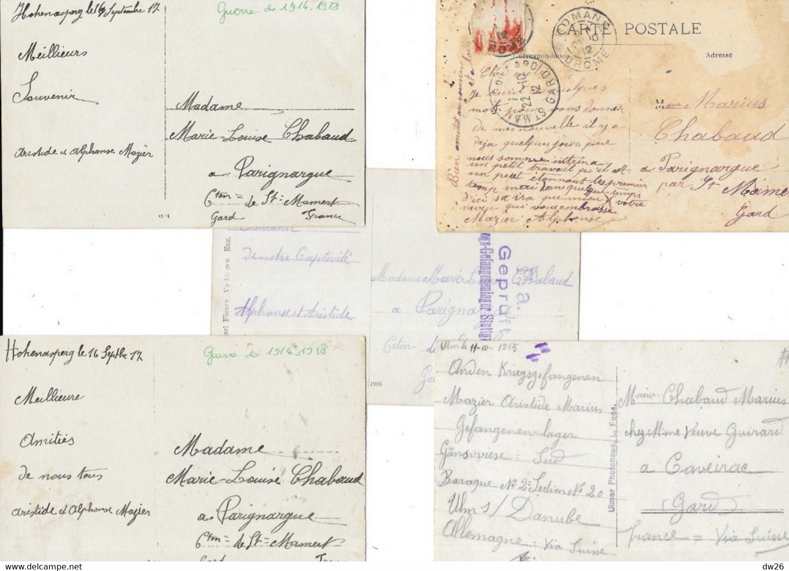 Lot 5 Cartes Pour Généalogie - Militaires En Allemagne: Aristide Et Alphonse Mazier Pour Marius Chabaud (Parignargues) - Genealogy