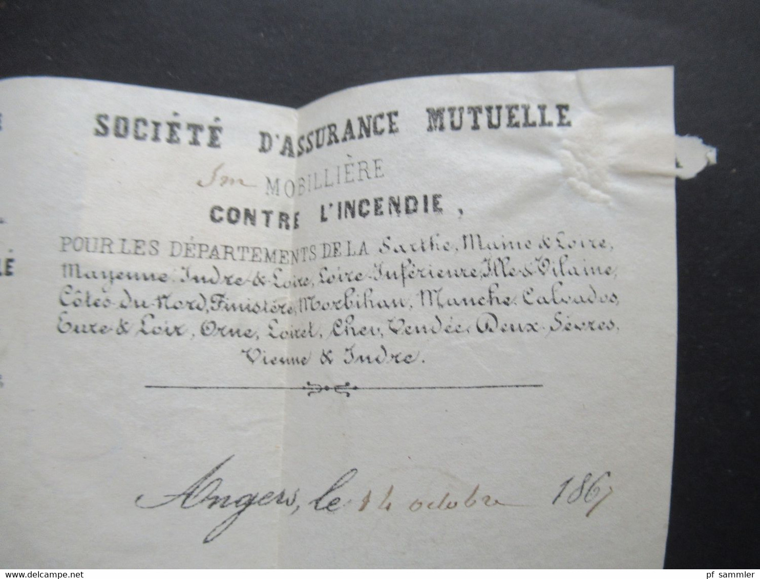 Frankreich 1867 Napoleon III. Nr.21 Stempel K2 Angers - La Bohalle Gedruckter Faltbrief Societe D' Assurance Mutuelle - 1862 Napoléon III