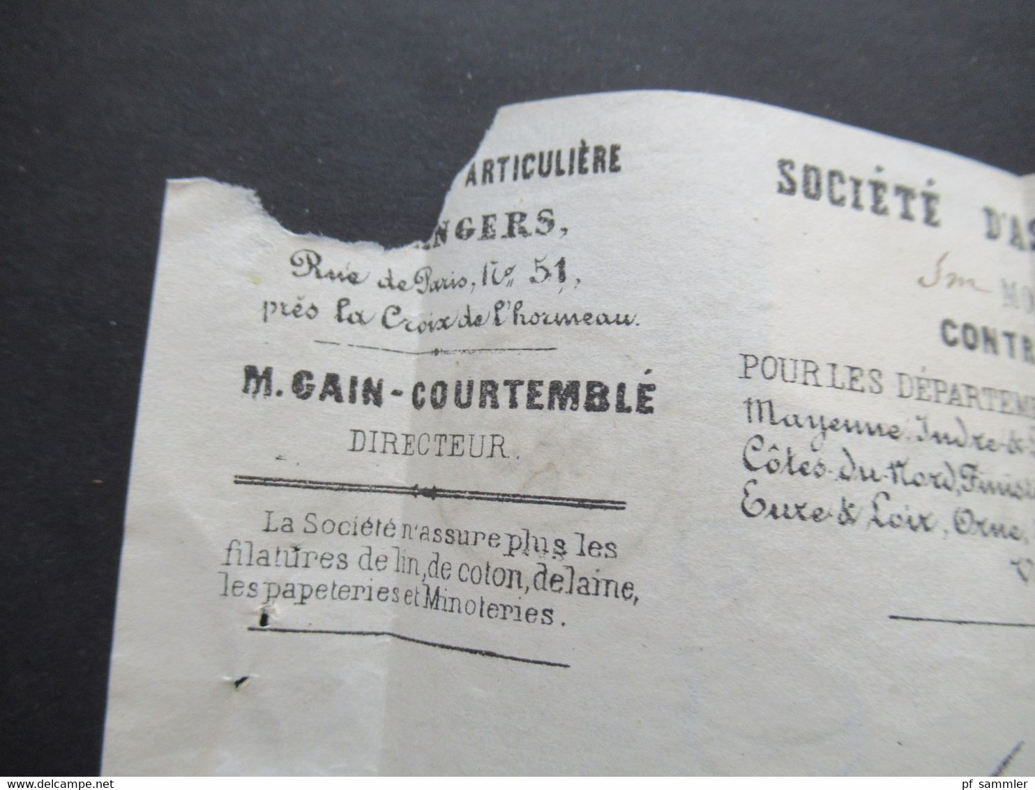 Frankreich 1867 napoleon III. Nr.21 Stempel K2 Angers - La Bohalle gedruckter Faltbrief Societe D' Assurance Mutuelle