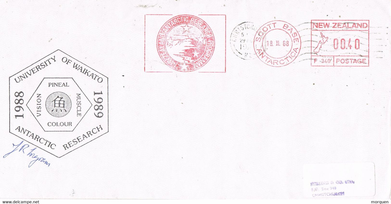 44080. Carta SCOTT BASE Antarctica 1988. New Zealand Research Antartida, University Waikato - Lettres & Documents