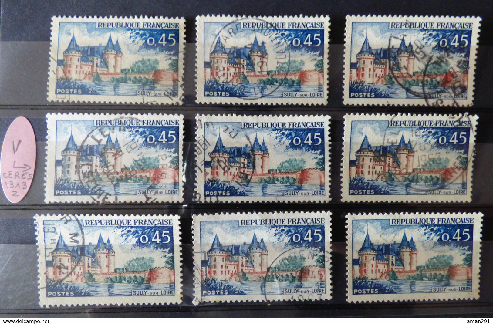 YT 1313 Lot De 9 Pour étude - Avec Variété Tour De Gauche Bleue Au Lieu De Bistre - Used Stamps