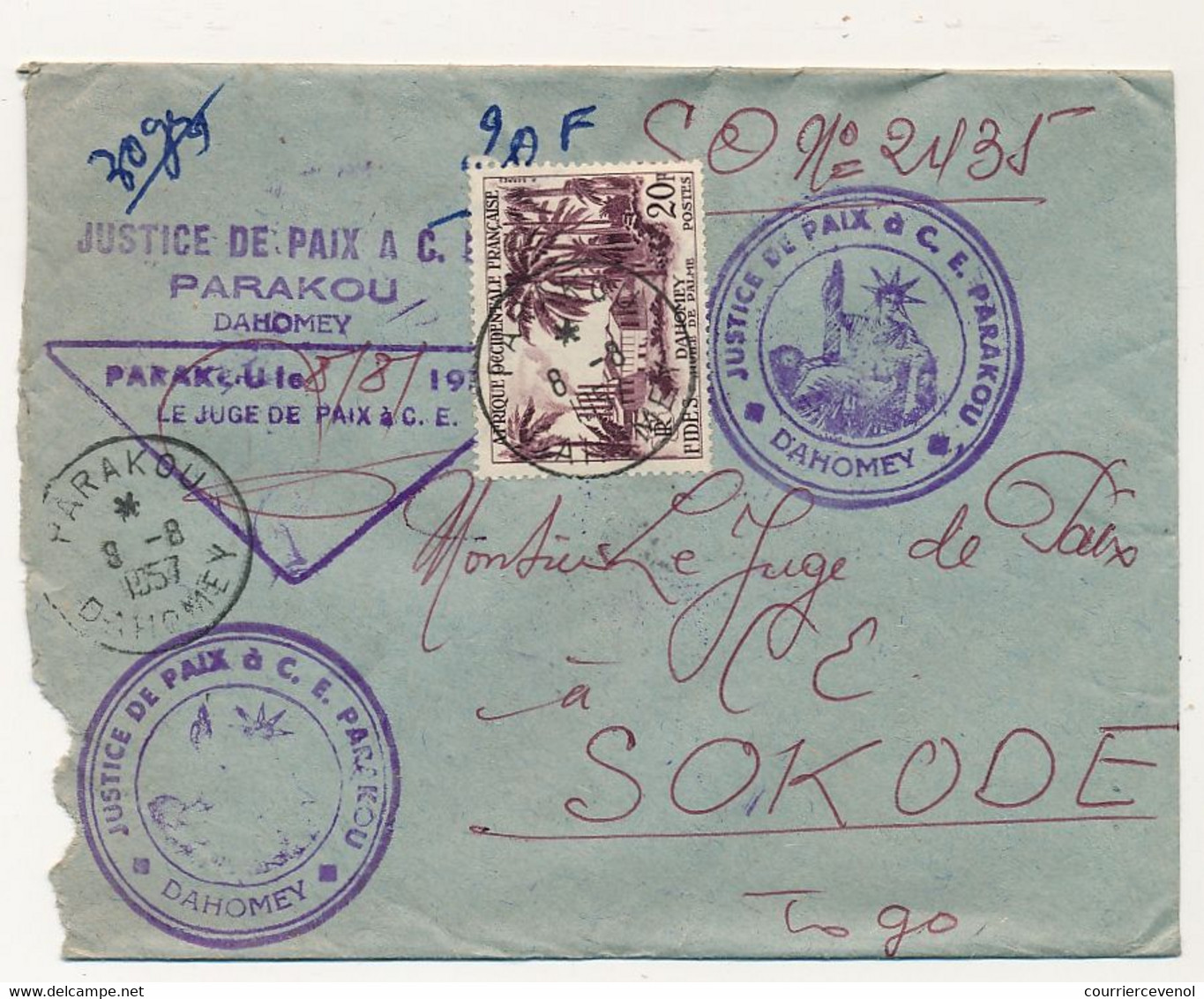 A.O.F - Enveloppe Depuis PARAKOU (Dahomey) 9/8/1957 Affr 20f Fides, Cachets Divers Justice De Paix Parakou Dahomey - Lettres & Documents