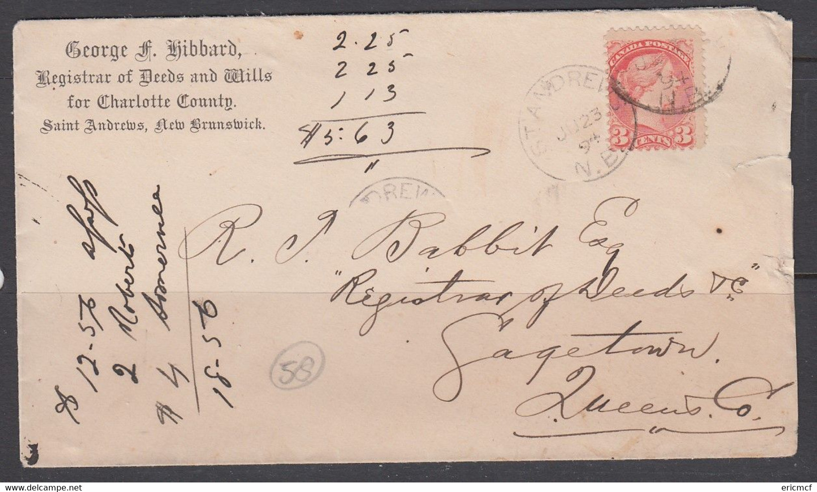 Canada 1894 Cover 3c St Andrews To Gagetown - Lettres & Documents