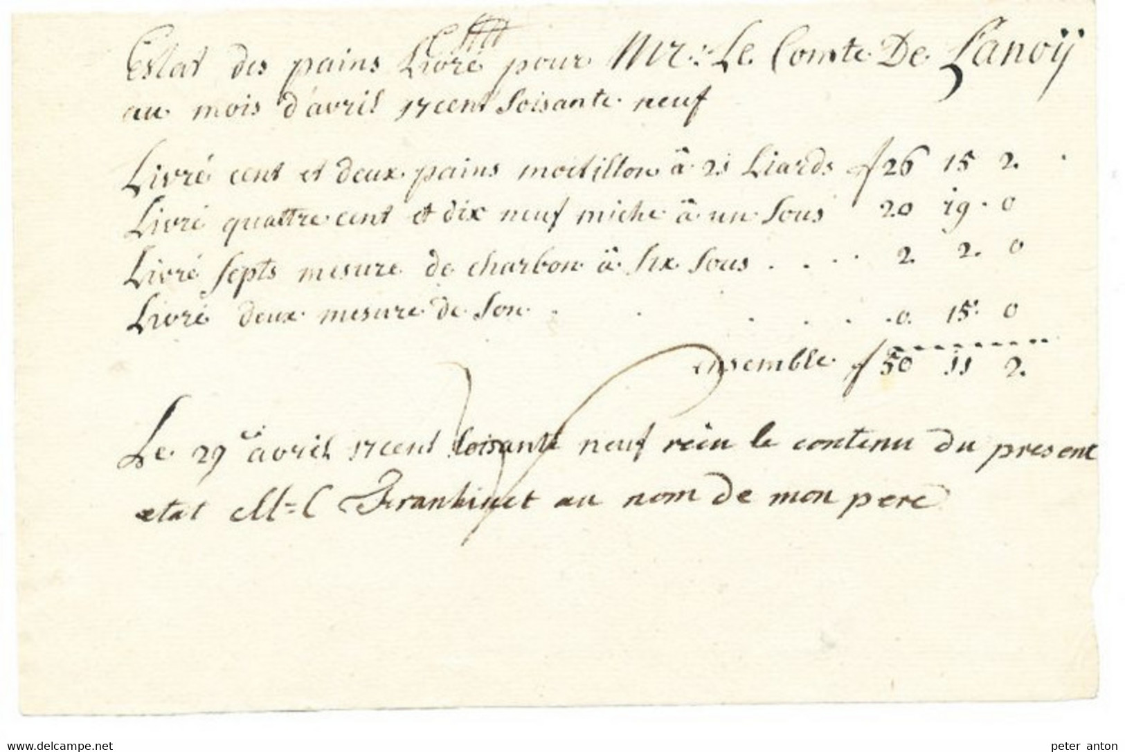 Facture De Boulangerie De Avril 1769 Au Comte De Lanoy ( De Lannoy ) - ... - 1799