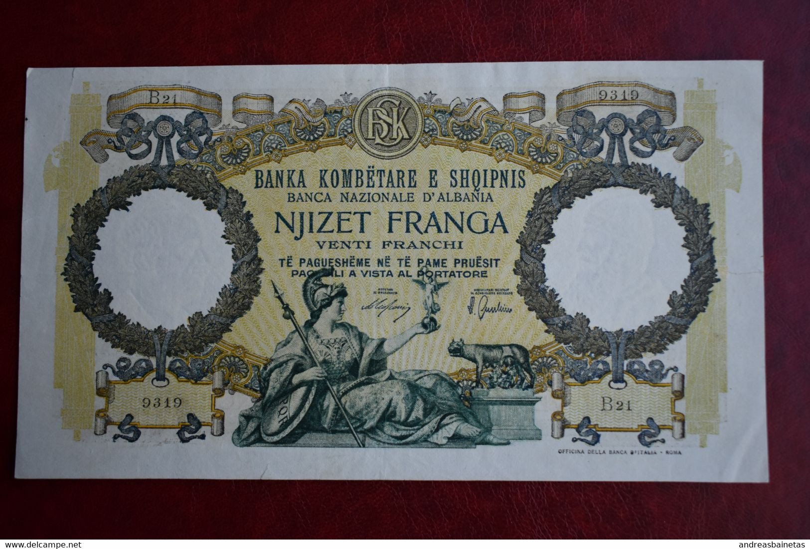 Banknotes ALBANIA  20 Franga 1939 VF BANKA KOMBËTARE E SHQIPNIS BANCA NAZIONALE D'ALBANIA - Albanie