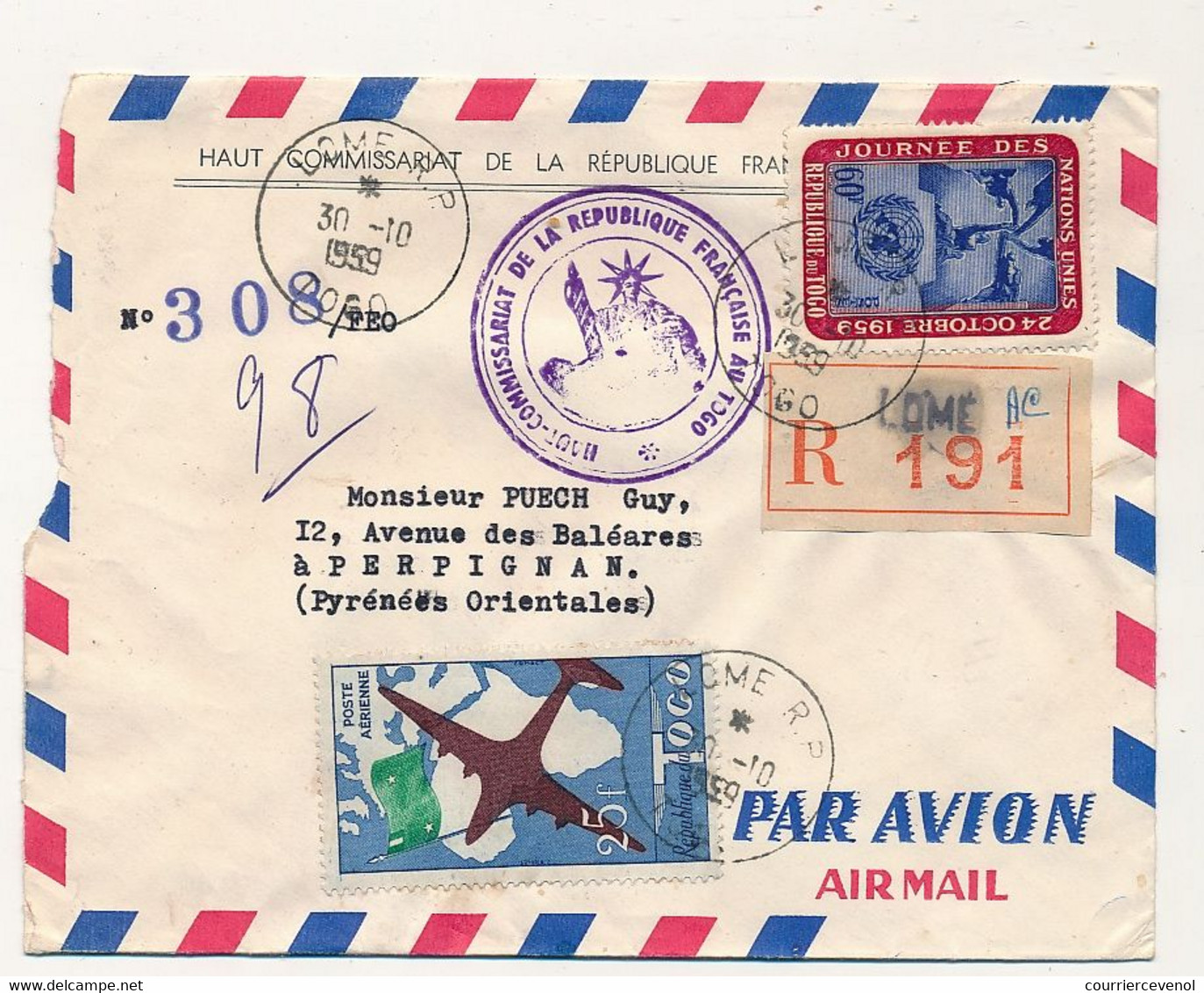 TOGO - Env. Reco. De LOME R.P., 30/10/1959, Affranchissement Composé Dont 25F P.A. Haut Commissariat Rép. Française - Togo (1960-...)