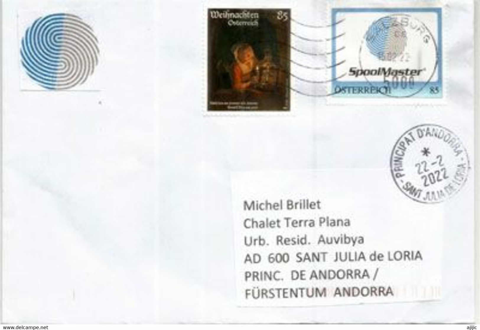 2022. SPOOLMASTER  AUSTRIA Issue , Letter To Andorra (Principality) - Covers & Documents