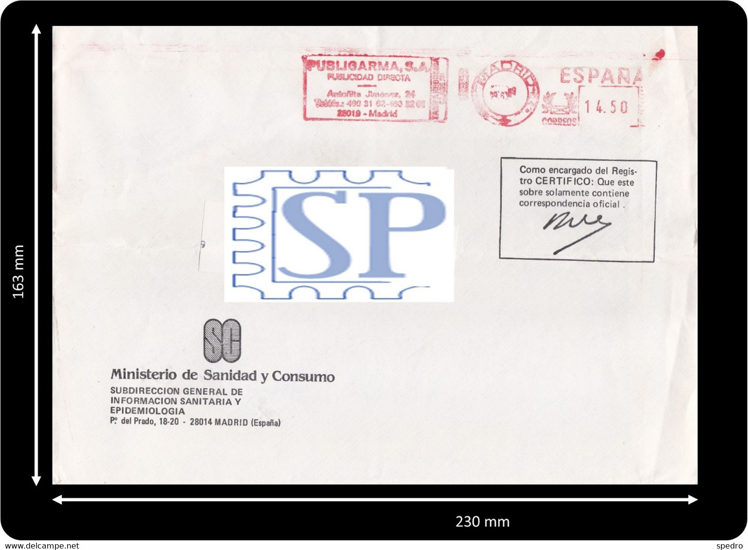 España 1989 Franquia Mecânica Pitney Bowes-GB 5000 Ministério Sanidad Salud Carlos III Publigarma Epidiomologia Madrid - Franchigia Postale