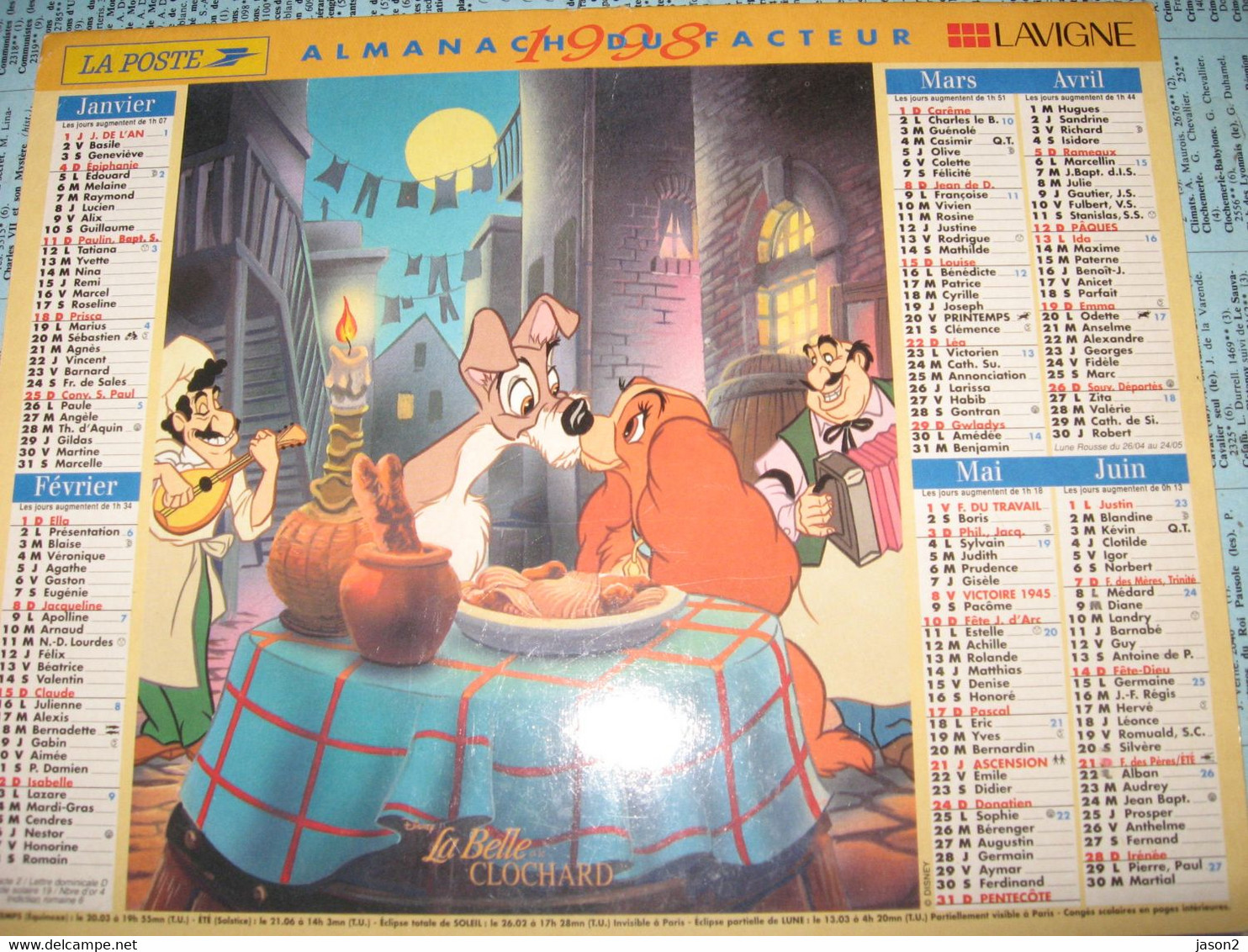 CALENDRIER ALMANACH DES POSTES PTT 1998 HERCULE LA BELLE ET LE CLOCHARD DISNEY - Grand Format : 1991-00