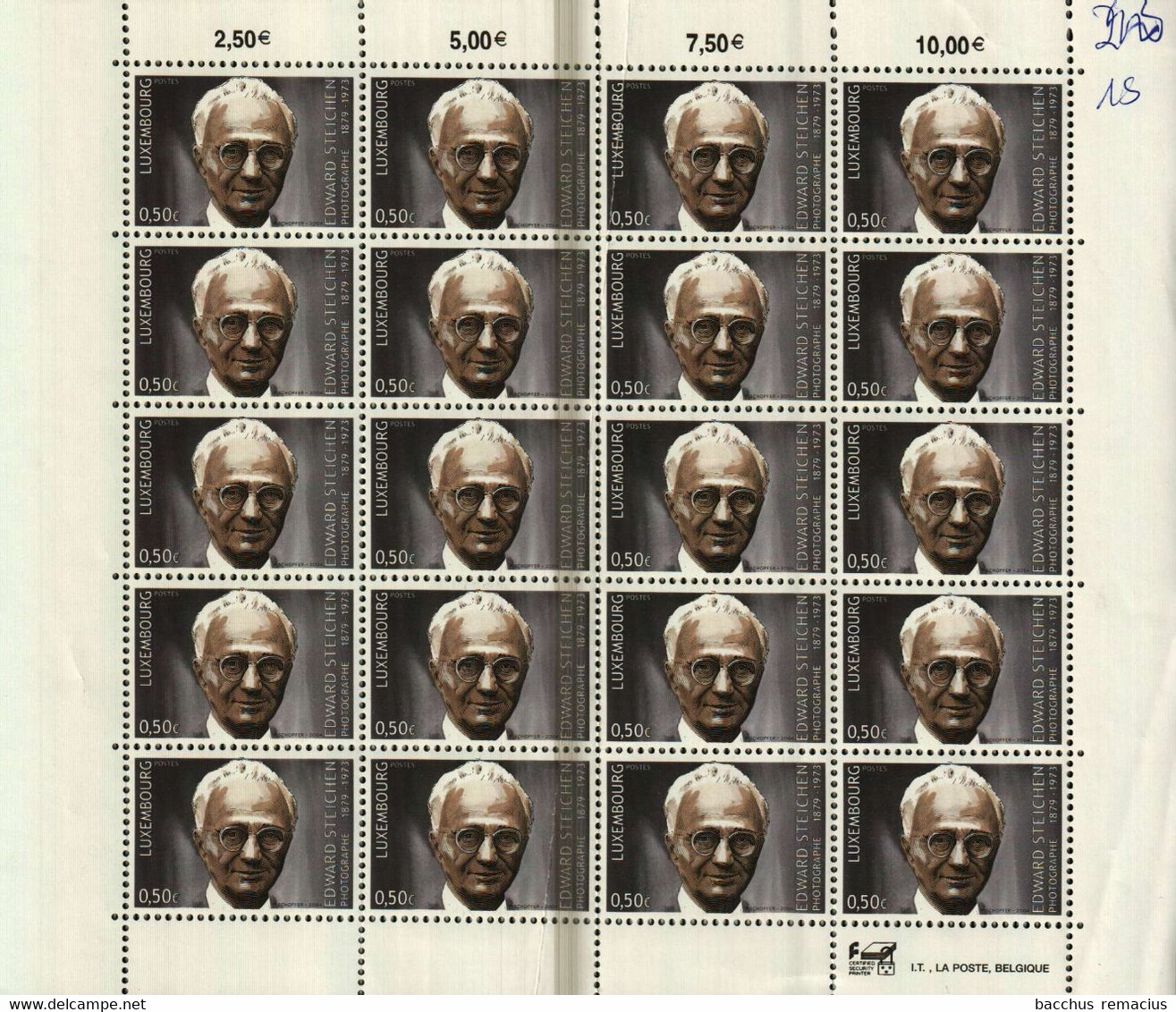 LUXEMBOURG Feuille De 20 Timbres à 0,50 Euro EDWARD STEICHEN (1879-1973) Photographe 2003 - Hojas Completas