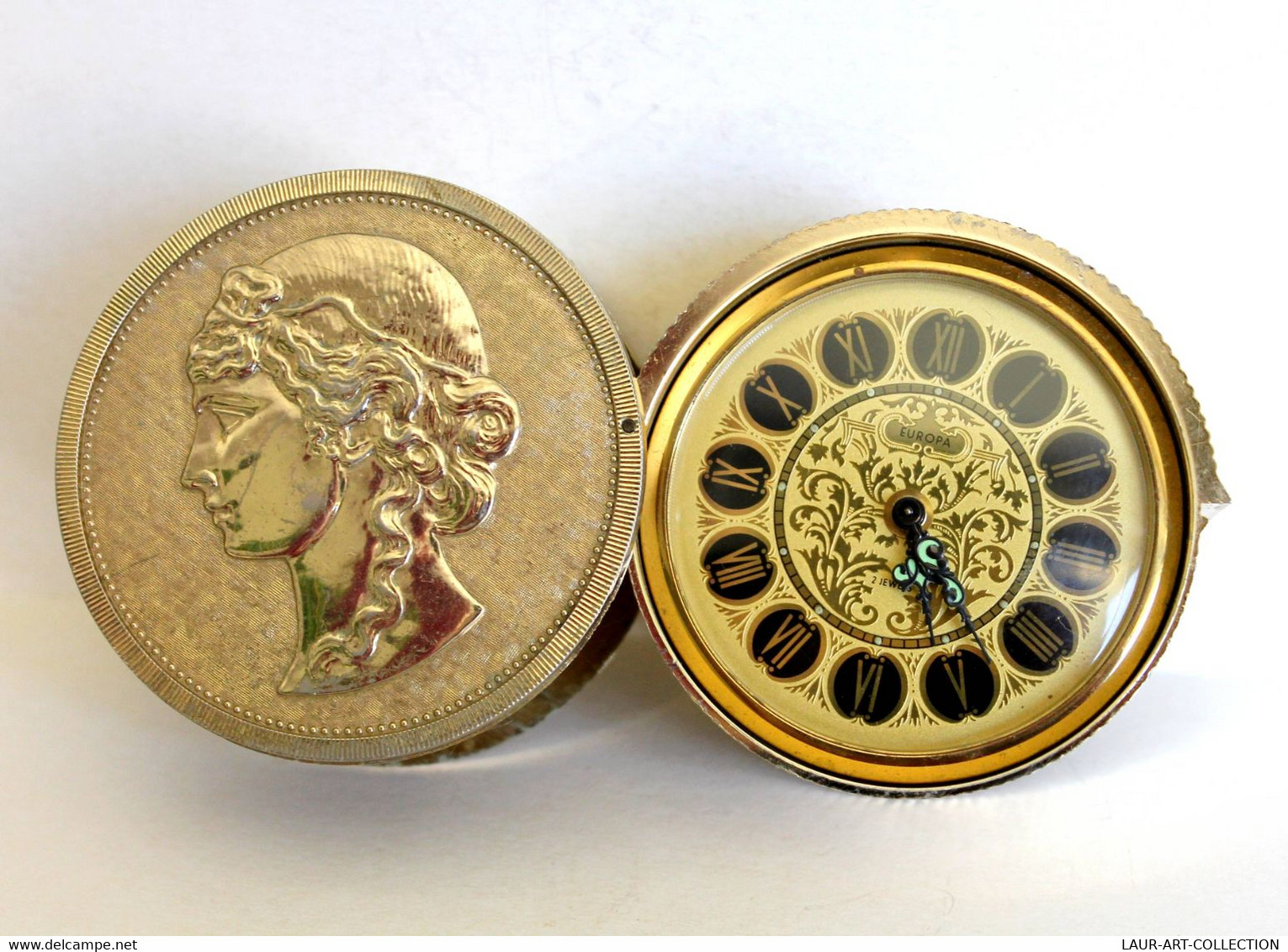 RARE JOLI ANCIEN REVEIL DE VOYAGE - EUROPA 2 JEWELS - DECOR GRECE ANTIQUE FONCTIONNE!         (1402.18) - Alarm Clocks