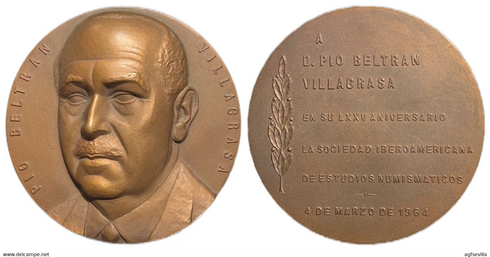 ESPAÑA. MEDALLA F.N.M.T. DEDICADA A PÍO BELTRÁN VILLAGRASA. 1.964. BRONCE. ESPAGNE. SPAIN MEDAL - Firma's