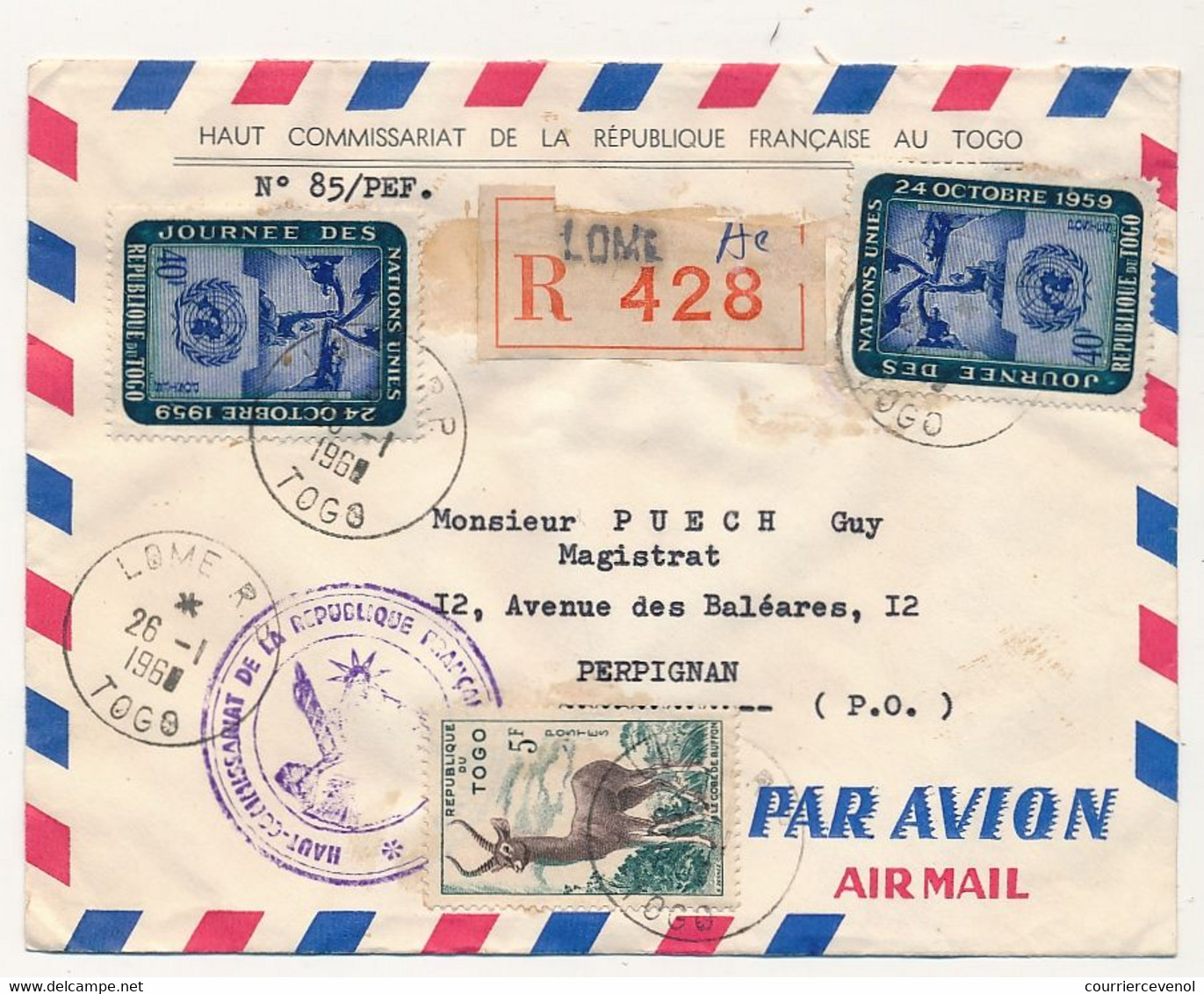 TOGO - Env. Reco. De LOME R.P., 26/1/1960, Affranchissement Composé - Haut Commissariat Répub. Française - Togo (1960-...)