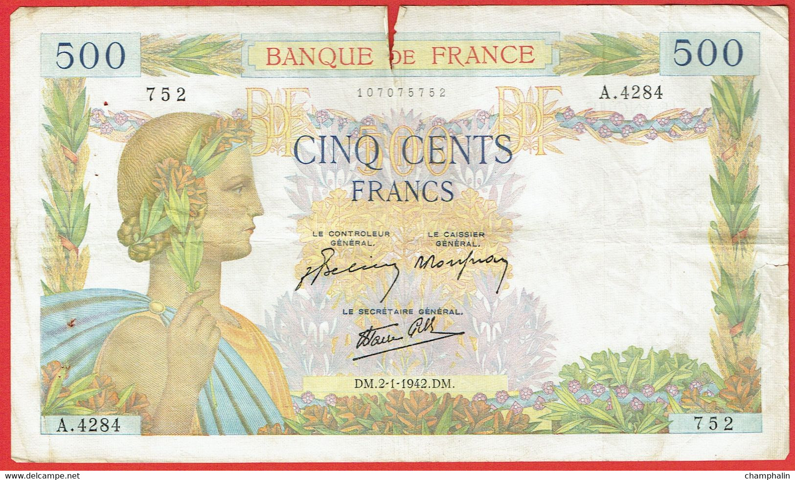 France - Billet De 500 Francs Type La Paix - 2 Janvier 1942 - 500 F 1940-1944 ''La Paix''