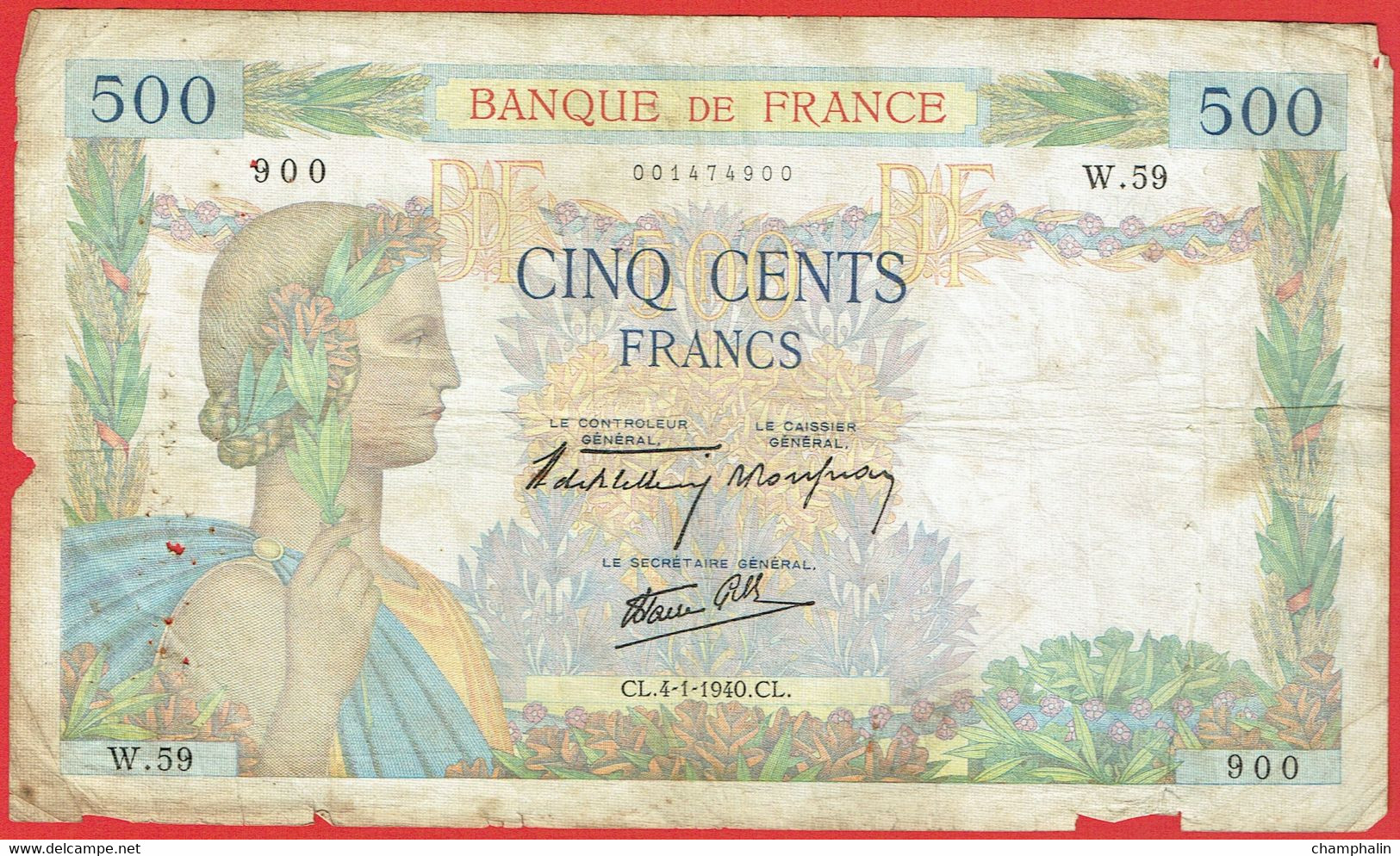 France - Billet De 500 Francs Type La Paix - 4 Janvier 1940 - 500 F 1940-1944 ''La Paix''
