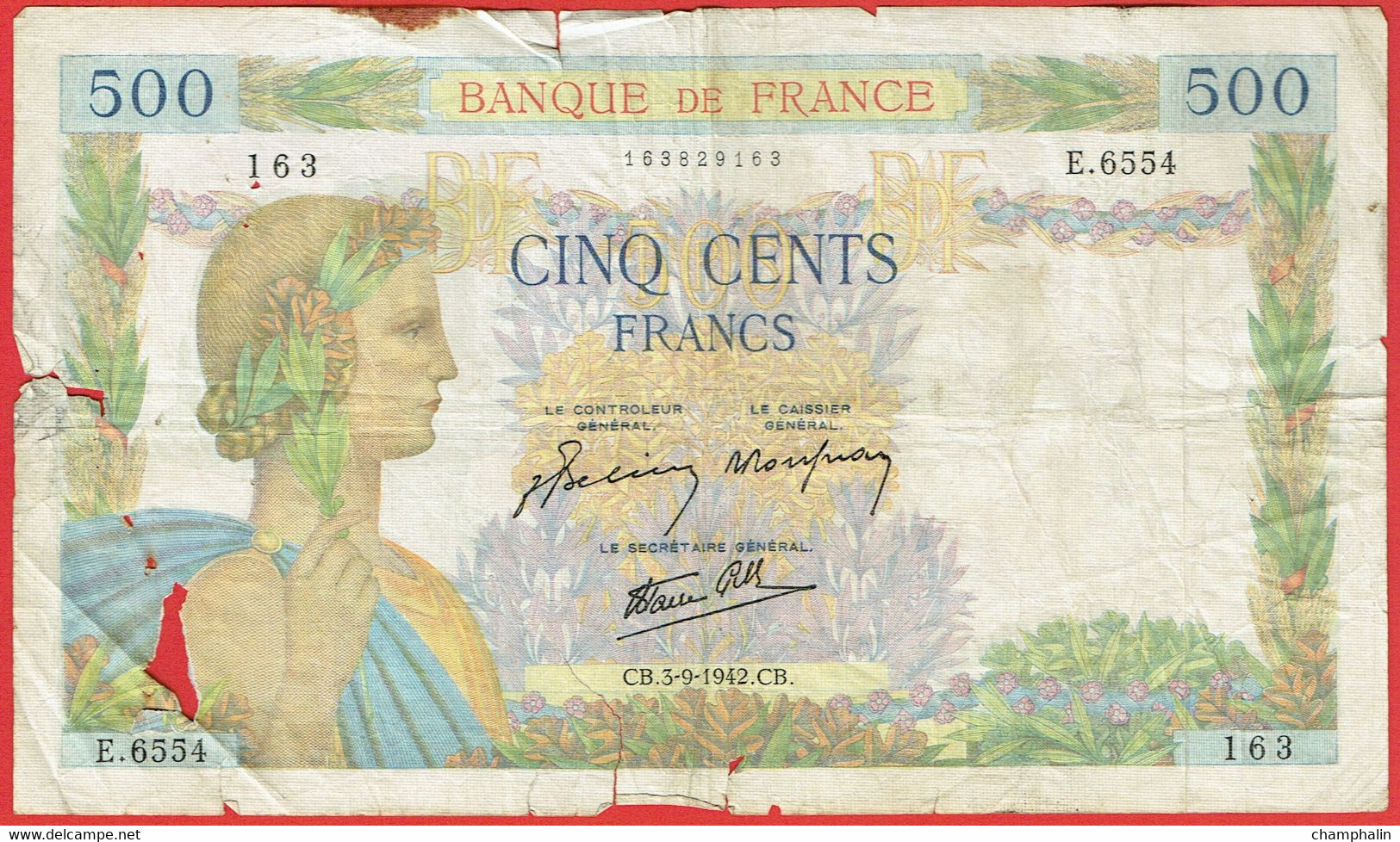 France - Billet De 500 Francs Type La Paix - 3 Septembre 1942 - 500 F 1940-1944 ''La Paix''