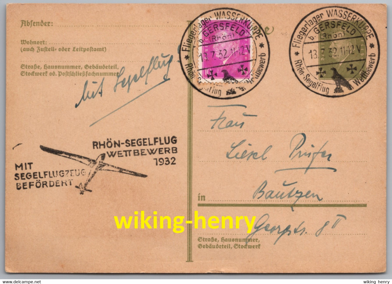 Gersfeld In Der Rhön - Sonderkarte Flugpost Rhön Segelflug Wettbewerb 1932 Fliegerlager Wasserkuppe Sonderstempel - Rhön