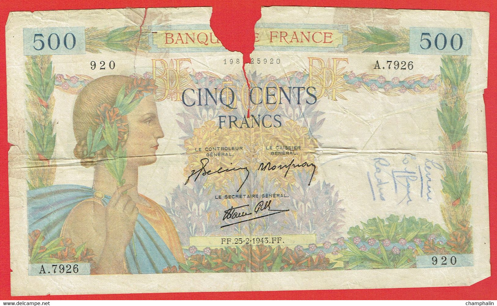 France - Billet De 500 Francs Type La Paix - 25 Février 1943 - 500 F 1940-1944 ''La Paix''