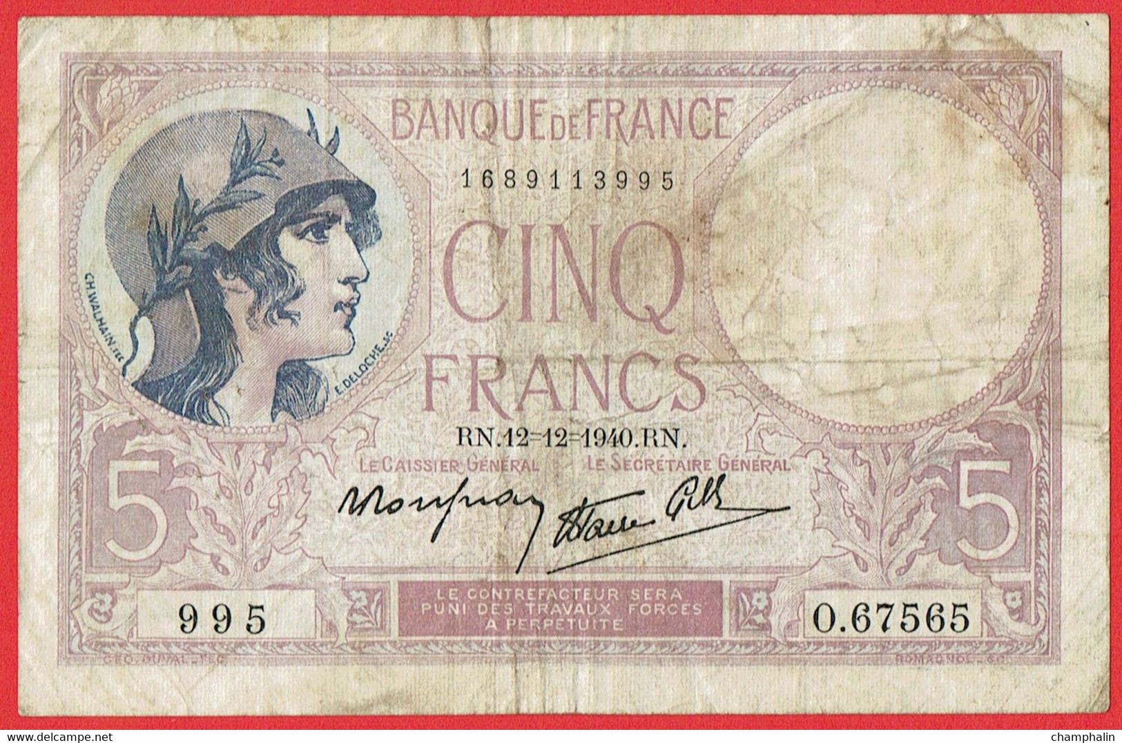 France - Billet De 5 Francs Type Violet - 12 Décembre 1940 - 5 F 1917-1940 ''Violet''