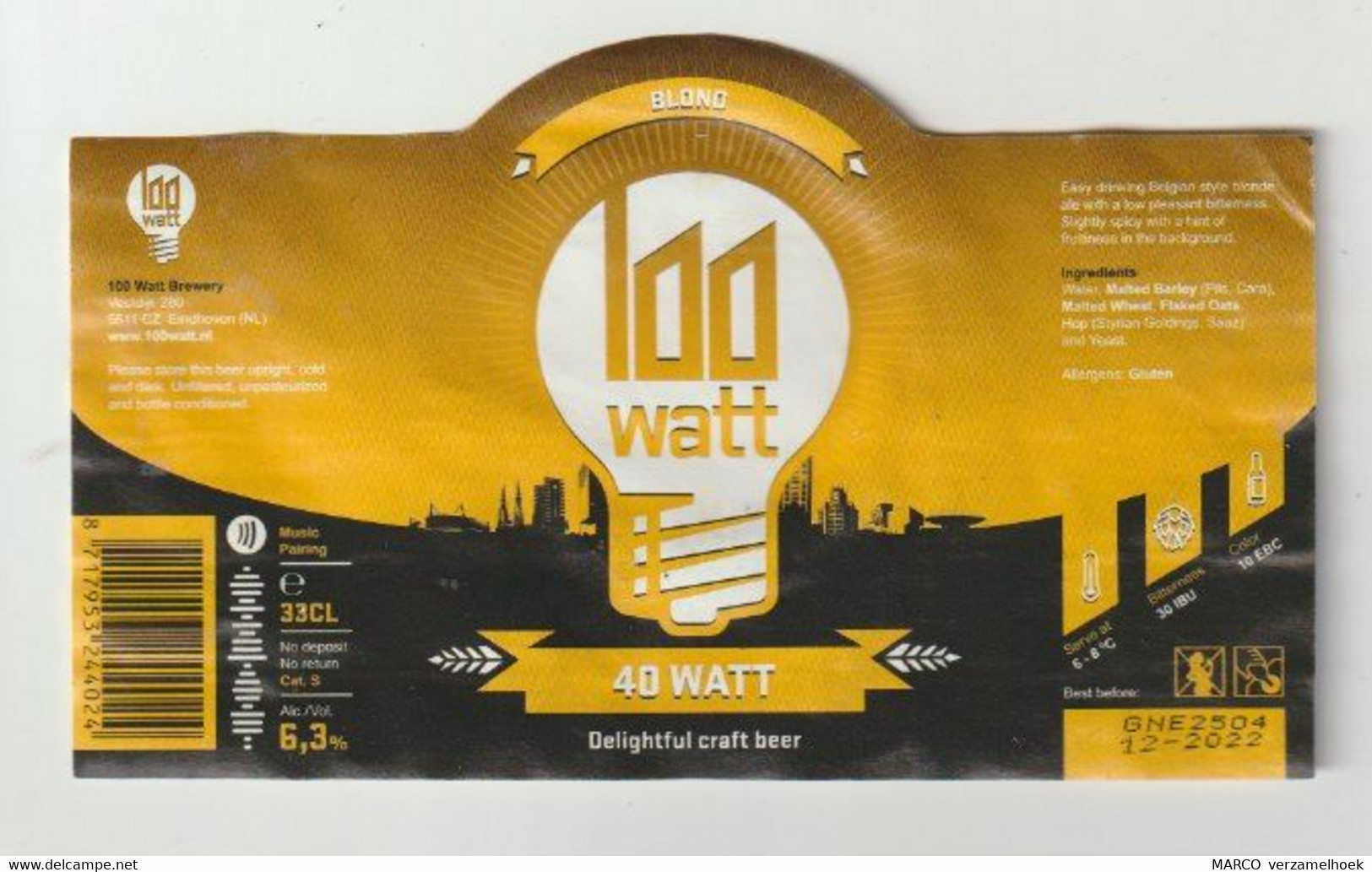 Bier Etiket-beerlabel Stadsbrouwerij Eindhoven (NL) 100 Watt Blond 40 Watt - Birra