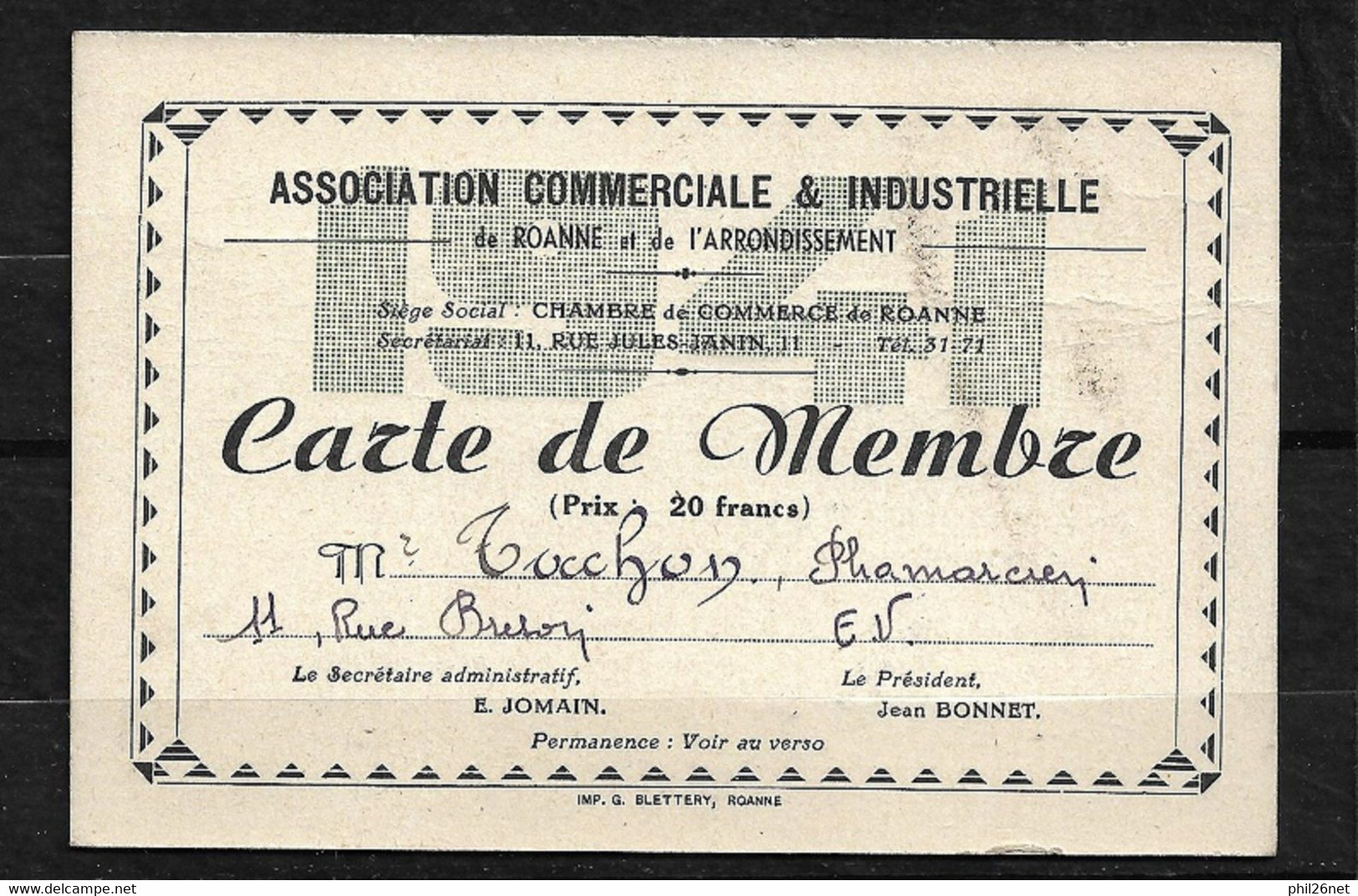 France Carte De Membre Association Commerciale Et Industrielle De Roanne 1941    B/TB  Voir Scans ! ! ! - Pharmazie