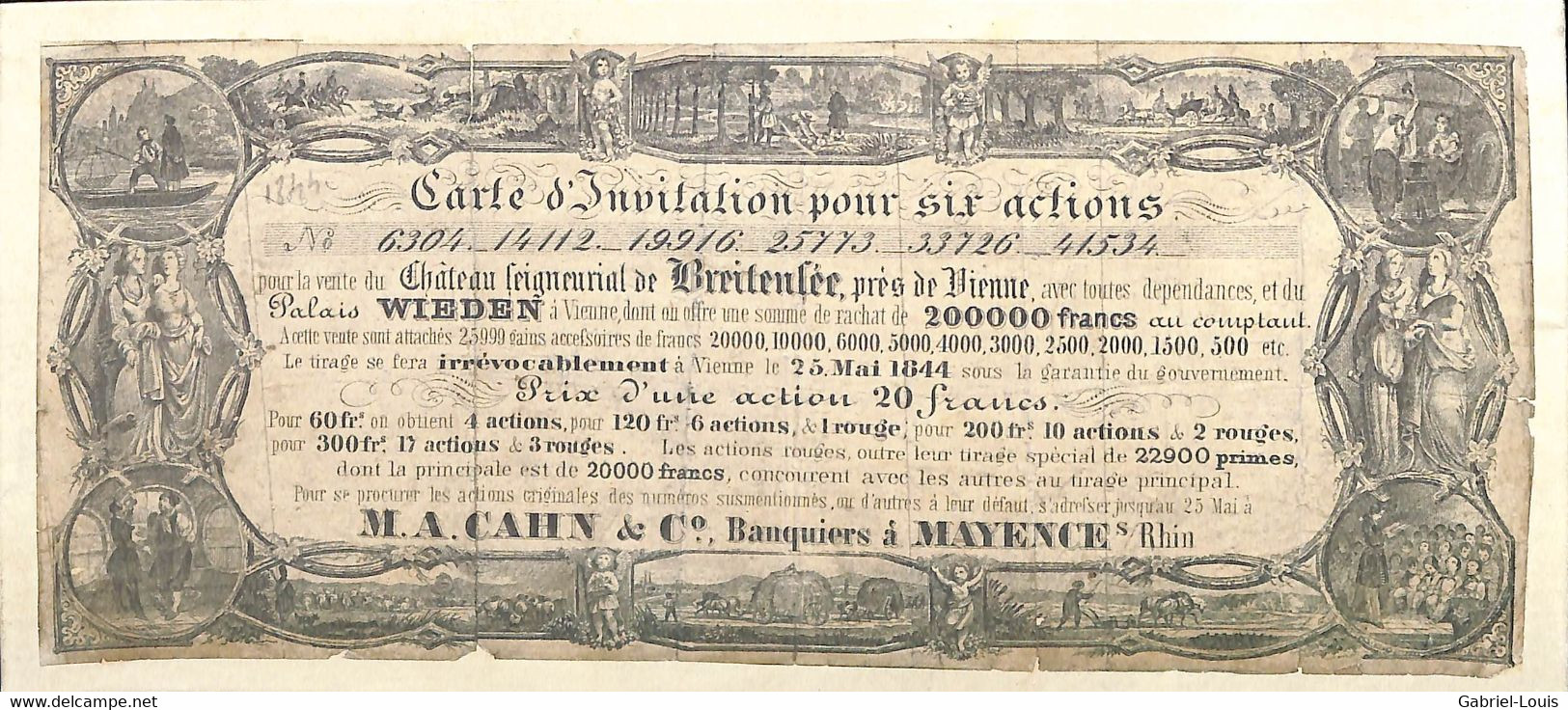 Carte D'invitation Pour Six Actions Vente Du Château De Breitensée Wien Palais Wieden Östereich Banque Mayence 1844 - Unclassified
