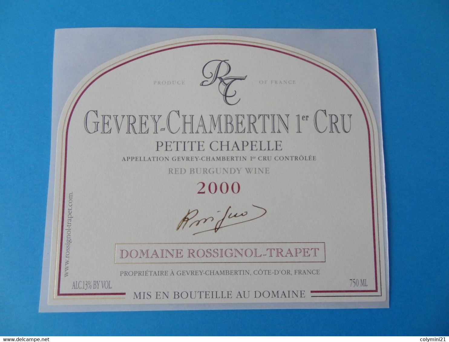 Etiquette De Vin Gevrey Chambertin 1er Cru Petite Chapelle 2000 Domaine Rossignol Trapet - Bourgogne