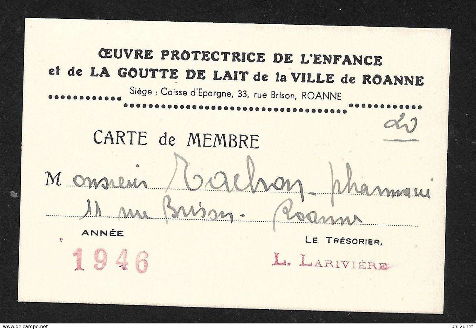 France Carte De Membre Protection De L'enfance "La Goutte De Lait " Roanne Année 1946 B/TB Voir  Scan  - Farmacia