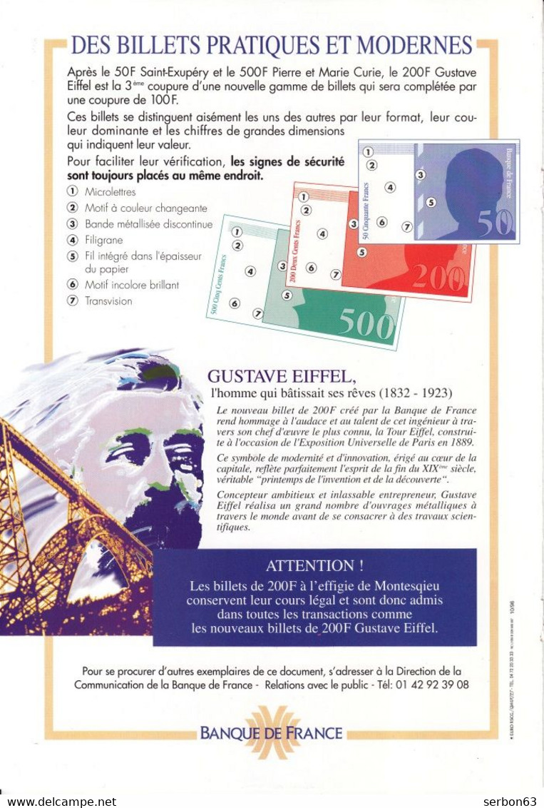 DÉPLIANT PRÉSENTATION 2 VOLETS NOUVEAU BILLET DE 200 FRANCS GUSTAVE EIFFEL DOCUMENTATION BANQUE DE FRANCE Serbon63 - Fictifs & Spécimens