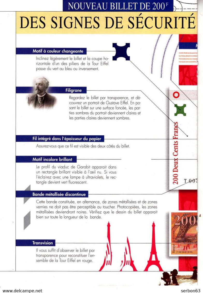 DÉPLIANT PRÉSENTATION 2 VOLETS NOUVEAU BILLET DE 200 FRANCS GUSTAVE EIFFEL DOCUMENTATION BANQUE DE FRANCE Serbon63 - Specimen