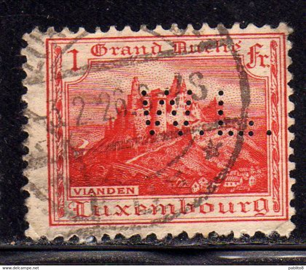 LUXEMBOURG LUSSEMBURGO 1921 1934 PERFIN VIANDEN CASTLE 1fr USED USATO OBLITERE' - 1921-27 Charlotte De Face