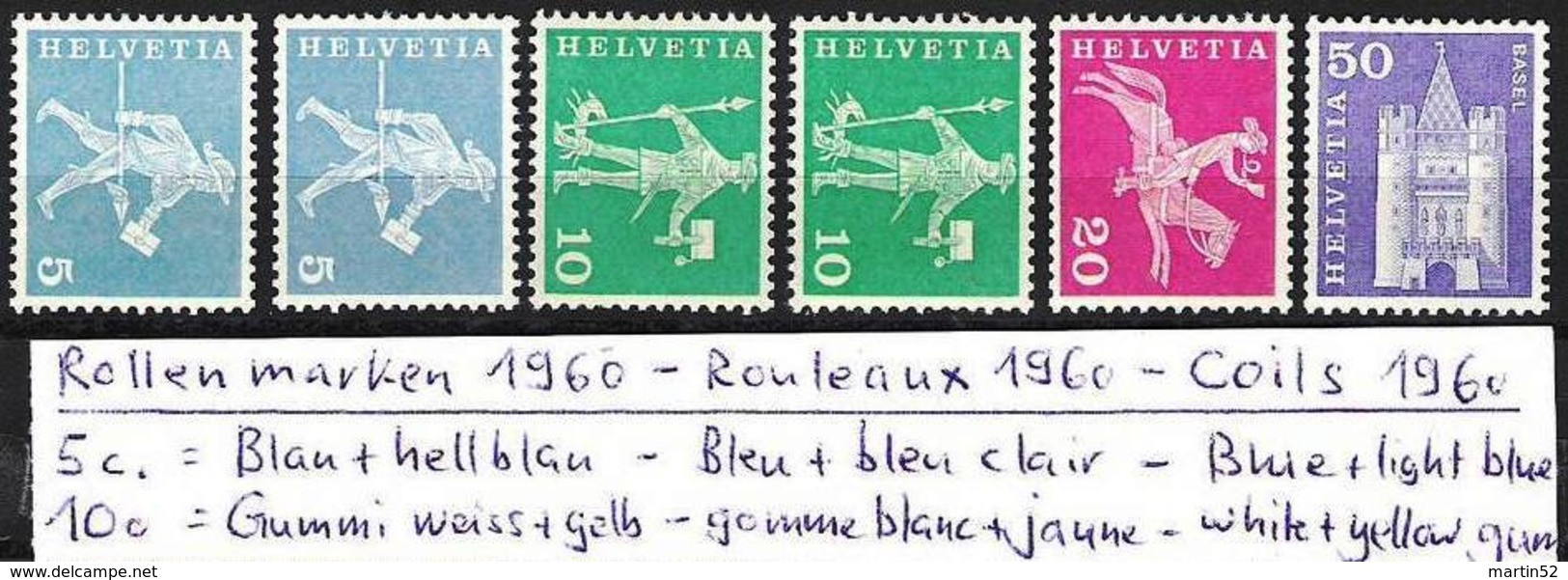 Schweiz Suisse 1960: Rollen-Rouleaux-Coils U 355/363RLMi 696/704R Yv 643/651 ** MNH  (Zu CHF 16.00) - Franqueo