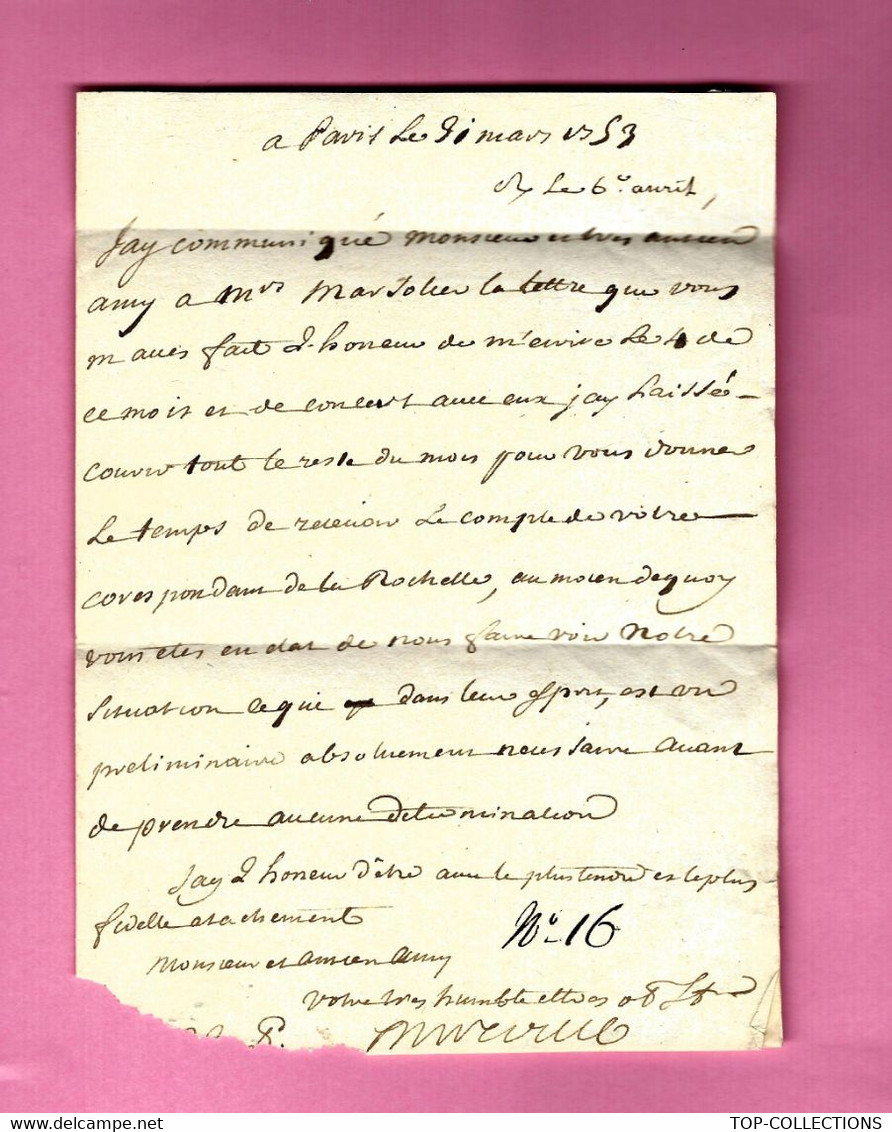 1753 LETTRE COMMERCE  De Paris Pour Ferdinand OHIER NOTAIRE ARMATEUR NEGRIER à St MALO V.HISTORIQUE - ... - 1799