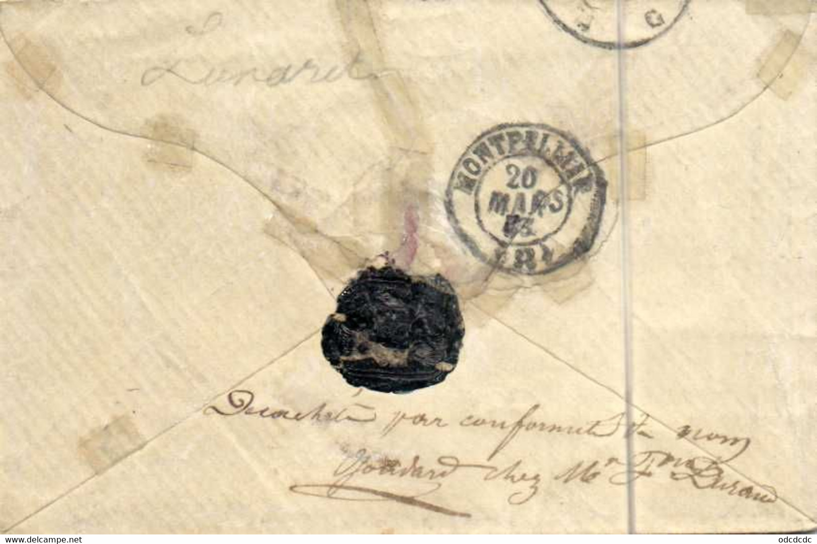 Lettre 1865 Timbre 20c  De MARSEILLE  Vers MONTPELLIER Vers PARIS  RV  Cachets + Cire - 1849-1876: Periodo Classico